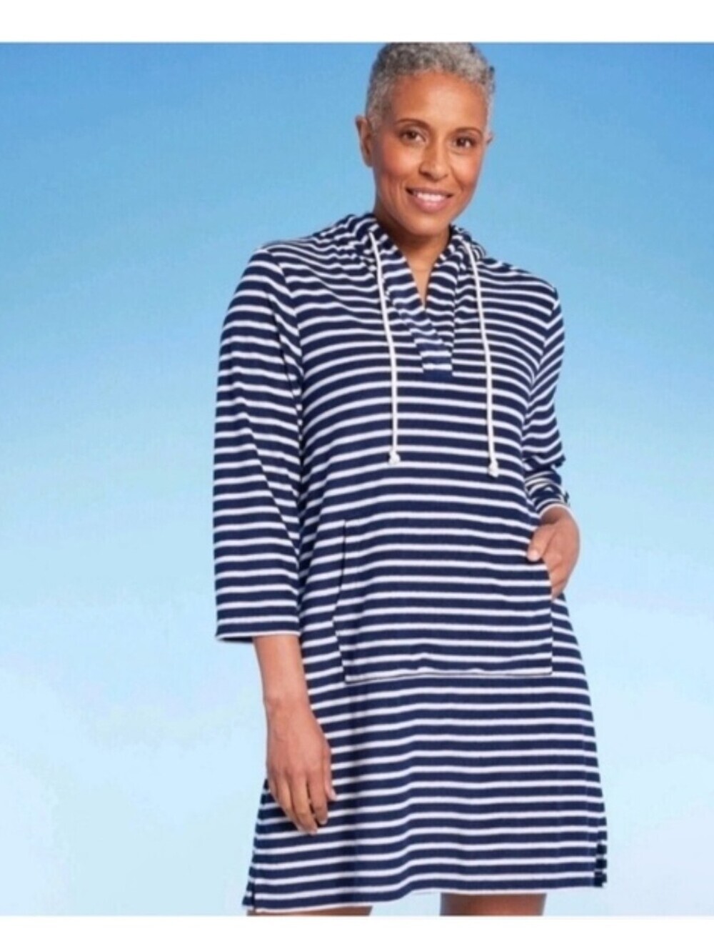 Lands' End Striped Hooded Cover-Up Dress Navy White Size Small 6-8 NWT